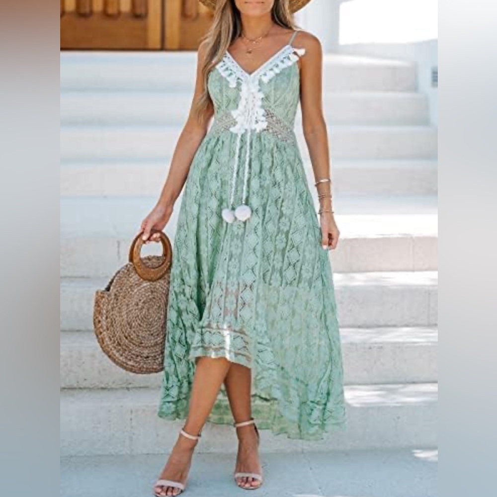 CUPSHE Women's Lace Dresses Boho Tassel V-Neck Flare Ruffle